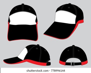 Set sport baseball cap design black/white/red colors vector,strap back with silver buckle.