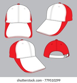 Set Sport Baseball Cap Design White/Red Colors Colors, Silver Buckle Strap Vector.