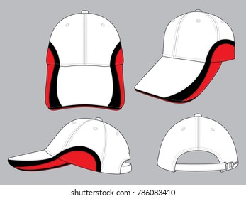 Set sport baseball cap design curve style white/black/red colors vector.