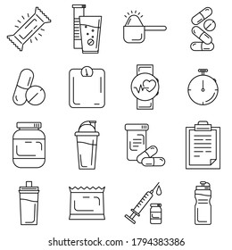 Set of sport and bodybuilding supplements and tools line icons. Fitness outline icons such as whey protein, bcaa, vitamin, heart rate monitor, stopwatch, energy bar, scales, shaker, sport water bottle