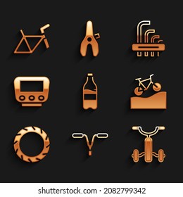 Set Sport bottle with water, Bicycle handlebar, for kids, Mountain bicycle, wheel tire, speedometer, Tool allen keys and frame icon. Vector