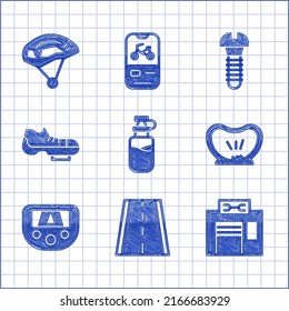 Set Sport bottle with water, Bicycle lane, repair service, punctured tire, Gps device map, shoes, Metallic screw and helmet icon. Vector