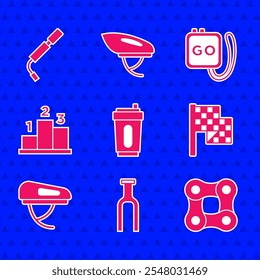 Set Sport bottle with water, Bicycle fork, chain, Checkered flag, helmet, Award over sports winner podium, Stopwatch and air pump icon. Vector