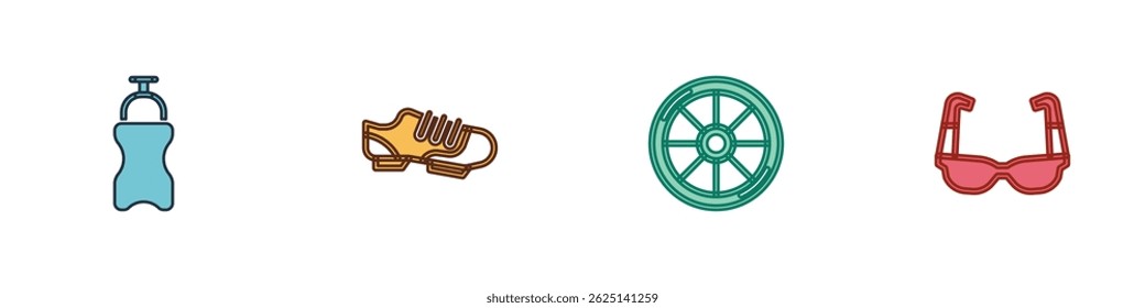 Set Sport bottle with water, Bicycle shoes, wheel and cycling sunglasses icon. Vector
