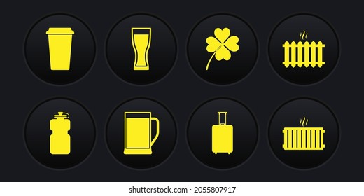 Set Sport bottle with water, Heating radiator, Glass of beer, Travel suitcase, Four leaf clover and  icon. Vector