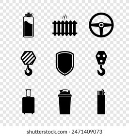 Set Sport bottle with water, Heating radiator, Steering wheel, Travel suitcase, Fitness shaker and Lighter icon. Vector
