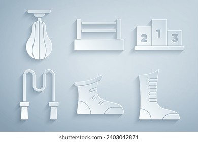 Set Sport boxing shoes, Award over sports winner podium, Jump rope, Boxing ring and Punching bag icon. Vector