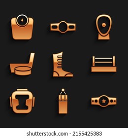 Set Sport boxing shoes, Punching bag, Boxing belt, ring, helmet, Ice hockey stick and puck, training paws and Bathroom scales icon. Vector