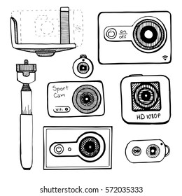 Set the sport camera, action camera isolated on white background. Vector illustration in sketch style
