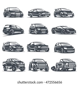 Set sport car monochrome labels, emblems, badges or logos isolated on white background. Street racing car, tuning automobile, off-roading trip emblems, 4x4 extreme club emblems. Vector EPS10.