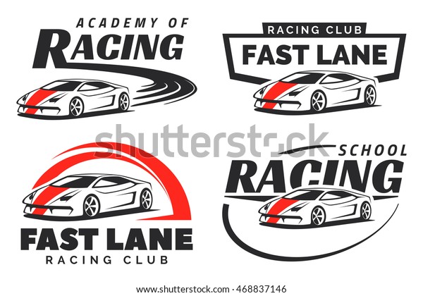 Set of\
sport car racing logo, emblems and badges isolated on white\
background. Racing driving school or academy design elements.\
Supercar or a sports car illustration.\
Vector.