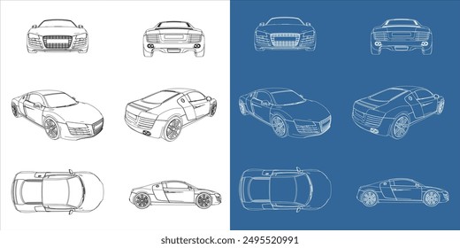 : Set of sport car sedan coupe blueprint wireframe concept with different shot view isolated in transparent background