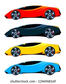 Set of sport cars side view different colors. Vector illustration.
