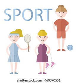 Set with sport characters in flat style. Different sports: skating, tennis, volleyball.