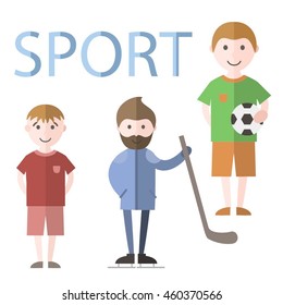 Set with sport characters in flat style. Different sports: football,hockey. 