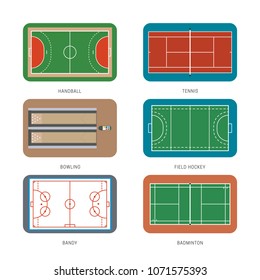 Set of sport courts, grounds and fields. Top view. Isolated on white background