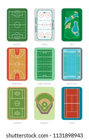 Set of sport courts, grounds and fields. Top view. Isolated on white background