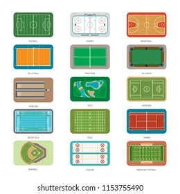 Set of sport courts, grounds and fields. Top view. Isolated on white background