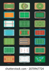 Set of sport courts, grounds and fields. Top view.