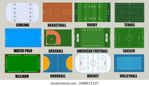 Conjunto de canchas deportivas, terrenos y campos. Vista superior. Aislado sobre fondo gris. Vector