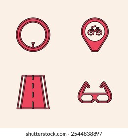 Conjunto de gafas de sol de ciclismo deportivo, rueda de bicicleta, Locación con icono de bicicleta y carril. Vector