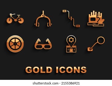 Set Sport cycling sunglasses, Gloves, Bicycle rear view mirror, repair service, wheel, pedals,  and brake calipers icon. Vector