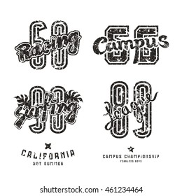 Set of sport design elements for emblems: surfing, racing, campus. Graphic design for t-shirt. Black print on white background