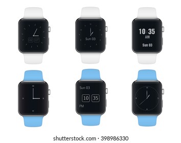 Set of sport electronic smart watches with different dials design style isolated. 
