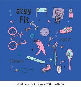 Set of sport elements made in doodle style with lettering. Doodle lettering sport for banner design. Cute cartoon character.