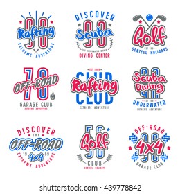Set of sport emblems  rafting, diving, golf, riding off-road. Graphic design for t-shirt. Color print on white background