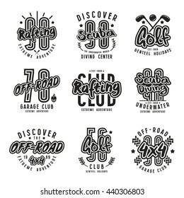 Set of sport emblems  rafting, diving, golf, riding off-road. Graphic design for t-shirt. Black print on white background
