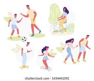 Set Sport Entertainment for Families With Children. Dad Plays Football with his Son. Husband and Wife Rollerblading. Girl Rides Bike Through Park. Young People Ride Skateboards Flat.