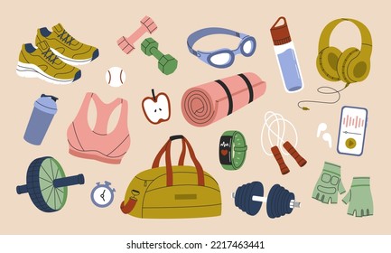 Set of sport equipment. Sport bag, yoga mat, sneakers, goggles, jump rope, dumbbells, fitness tracker, ab roller. Healthy lifestyle. Hand drawn vector illustration isolated on background. Flat style.