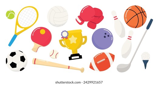 Set of sport equipment element vector. Hand drawn sport element design of basketball, football, golf, volleyball, tennis, baseball, boxing gloves, ruby, bowling, prize. Vector for clipart, sticker.