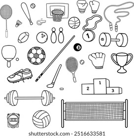 Conjunto de Elementos de equipamiento deportivo. Colección de Ilustración vectorial dibujada a mano de Doodle de deportes de línea en blanco y negro. Fútbol, bádminton, tenis, voleibol, baloncesto, bolos, hockey, béisbol