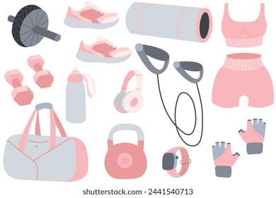 Set of sport equipment. Fitness inventory, gym accessories. Dumbbells, fitness tracker, sport bag, shoes, sportswear for training.  Healthy lifestyle concept.