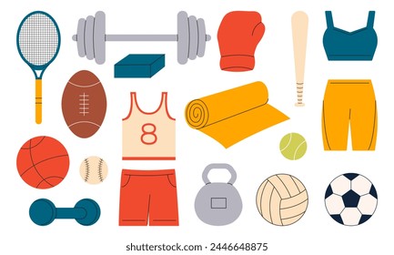 Conjunto de equipamiento deportivo, accesorios de gimnasio aislados sobre fondo blanco. Mancuerna, ropa deportiva, barbilla, pelota, estera de fitness.