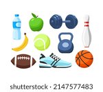 Set of sport equipment. Healthy lifestyle icons in flat style. Healthy food. Fruits. Diet. Dumbbells, basketball, volleyball, bowling, american football, tennis kettlebell, sneakers. Isolated design.