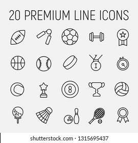 Set of sport equipment icons in modern thin line style. High quality black outline sport symbols for web site design and mobile apps. Simple equipment pictograms on a white background.