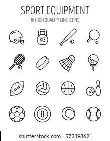 Set of sport equipment icons in modern thin line style. High quality black outline sport symbols for web site design and mobile apps. Simple equipment pictograms on a white background.