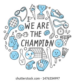 Set of sport equipment in kawaii doodle style 