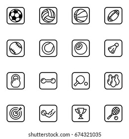 Set of sport equipment outline vector icons.