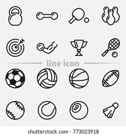 Set of sport equipment outline vector icons.