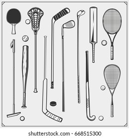 Set of Sport equipment. Polo, ping pong, lacrosse, baseball, cricket, golf, squash, hockey and tennis.