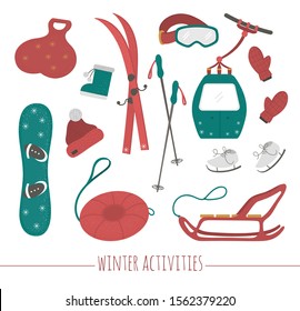 Set of sport equipment for winter sport activities. Vector illustration of skis, tube, sledge, skates, snowboard, clothes