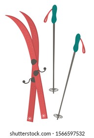 Set of sport equipment for winter sport activities. Vector illustration of skis with ski-poles. Active holidays items