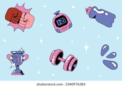 Set of sport and exercise items for gym colorful vector illustrations