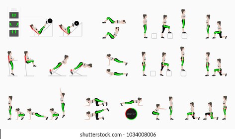 Reihe von Sportübungen. Übungen mit freiem Gewicht. Übungen in einem Fitnessraum. Leg-Aufzüge, Squats, Stöpsel-Aufnahmen, Burpee, Plank, Lunges, Sit-ups, Step-Up Hyperextension . Illustration eines aktiven Lifestyle-Vektors