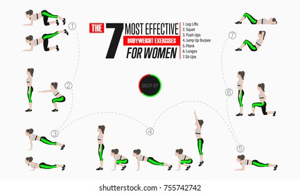 Set of sport exercises. Exercises with free weight. Leg lifts, Squats, Push-Ups, Burpee, Plank, Lunges, Sit-Ups. Illustration of an active lifestyle. Vector.