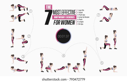 Set Of Sport Exercises. Exercises With Free Weight. Leg Lifts, Squats, Push-Ups, Burpee, Plank, Lunges, Sit-Ups. Illustration Of An Active Lifestyle Vector